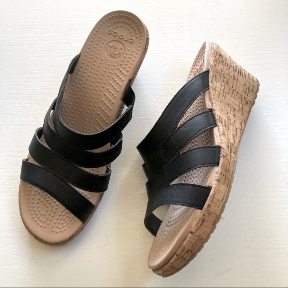 CROCS | Shoes | Crocs Cork Wedge Slide Sandals Black Sz | Poshmark
